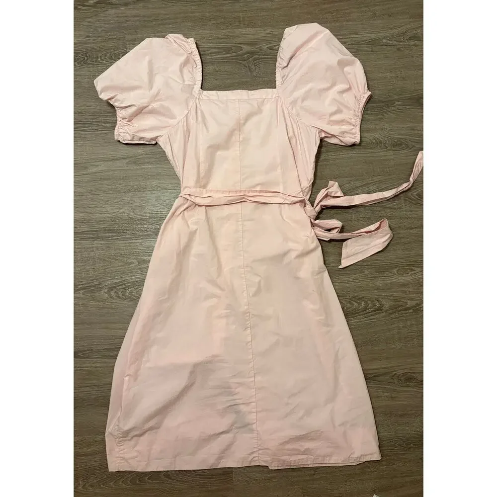 J.Crew Pink Cotton Midi Dress L Puff Sleeve Square Neck Button Front Cottagecore